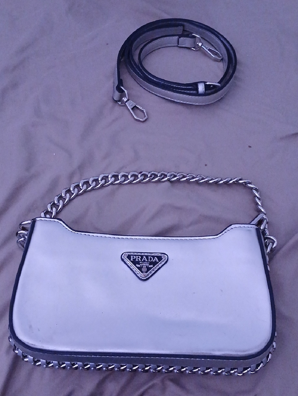 PRADA Silver Shoulder Bag with Silver Chain and Trim
